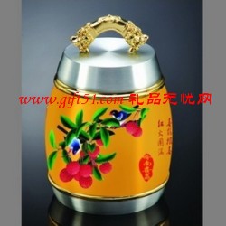 嶺南特色商務禮品黃瓷純錫茶葉罐定做